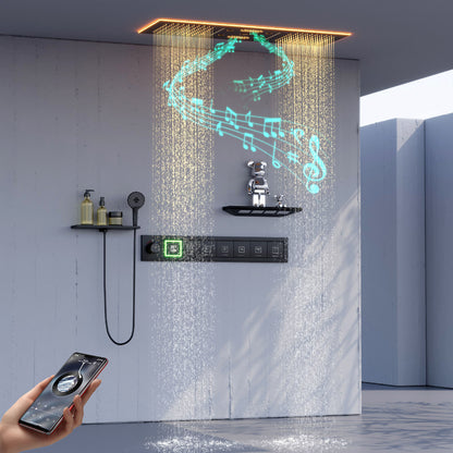 Juno Ceiling-Mounted Thermostatic LED Rain & Waterfall Shower Head with Dual Handles and Music System