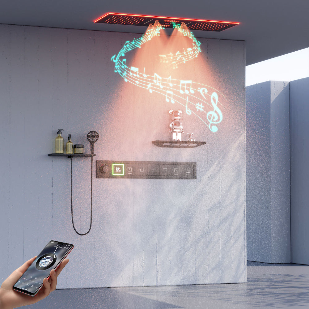 Juno Ceiling-Mounted Thermostatic LED Rain & Waterfall Shower Head with Dual Handles and Music System