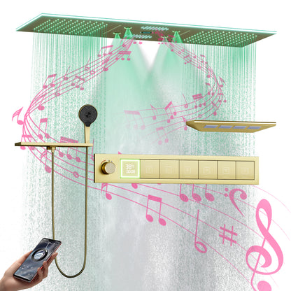 Juno Ceiling-Mounted Thermostatic LED Rain & Waterfall Shower Head with Dual Handles and Music System