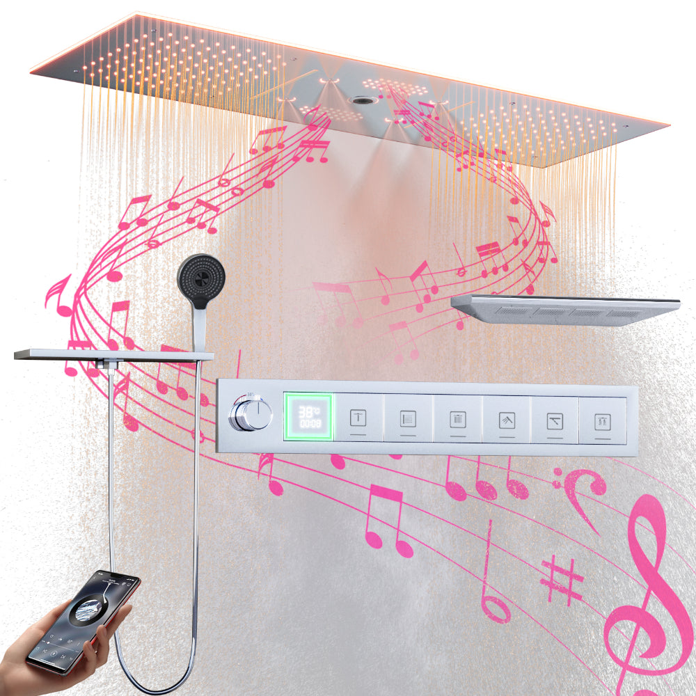 Juno Ceiling-Mounted Thermostatic LED Rain & Waterfall Shower Head with Dual Handles and Music System