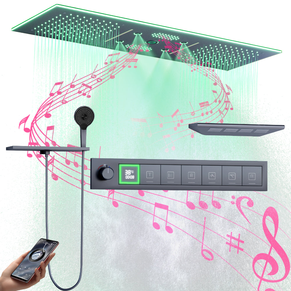 Juno Ceiling-Mounted Thermostatic LED Rain & Waterfall Shower Head with Dual Handles and Music System