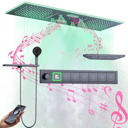 Juno Ceiling-Mounted Thermostatic LED Rain & Waterfall Shower Head with Dual Handles and Music System
