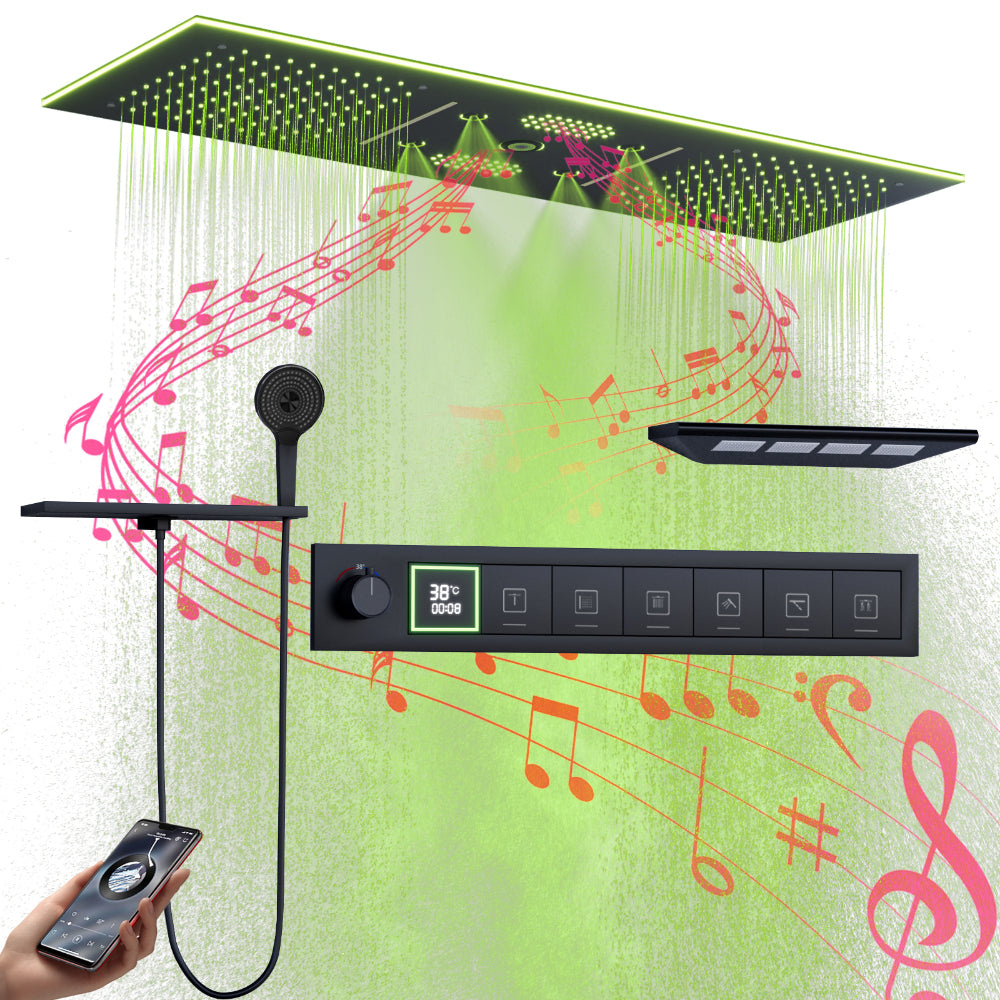 Juno Ceiling-Mounted Thermostatic LED Rain & Waterfall Shower Head with Dual Handles and Music System