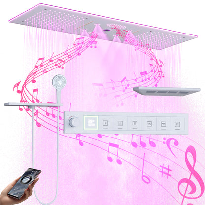 Juno Ceiling-Mounted Thermostatic LED Rain & Waterfall Shower Head with Dual Handles and Music System