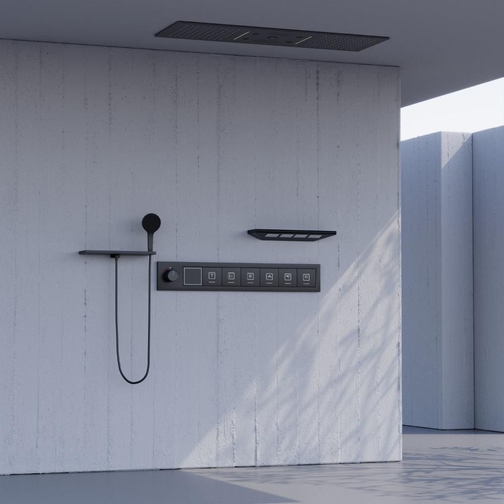 Juno Ceiling-Mounted Thermostatic LED Rain & Waterfall Shower Head with Dual Handles and Music System