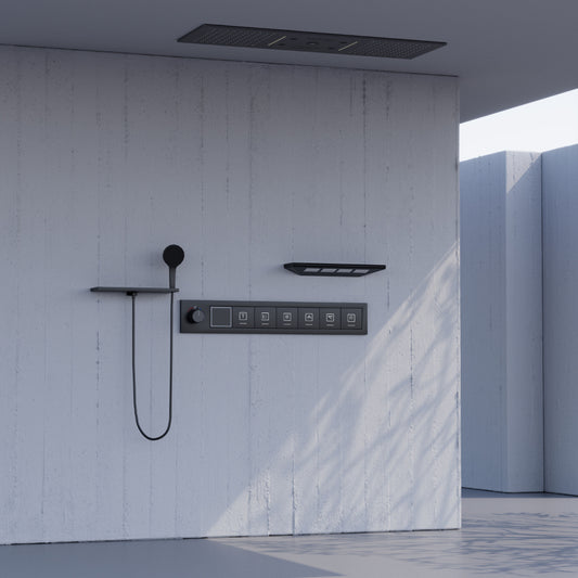 Juno Ceiling-Mounted Thermostatic LED Rain & Waterfall Shower Head with Dual Handles and Music System
