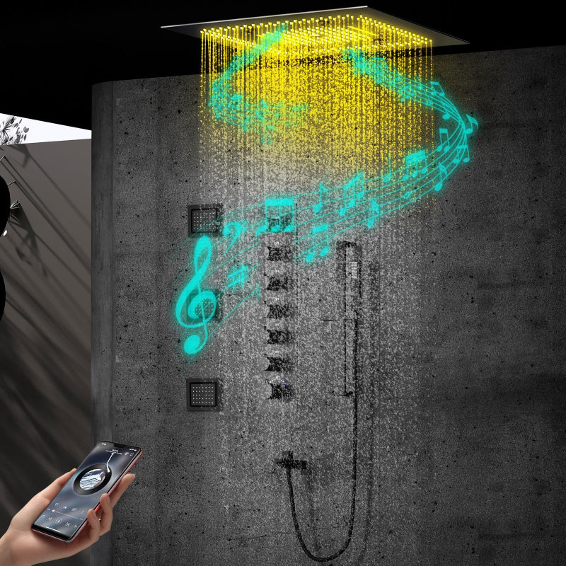 Juno Ceiling-Mounted Thermostatic Shower System with LED Music, 7 Handles