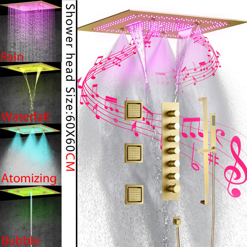 Juno Ceiling-Mounted Thermostatic Shower System with LED Music, 7 Handles