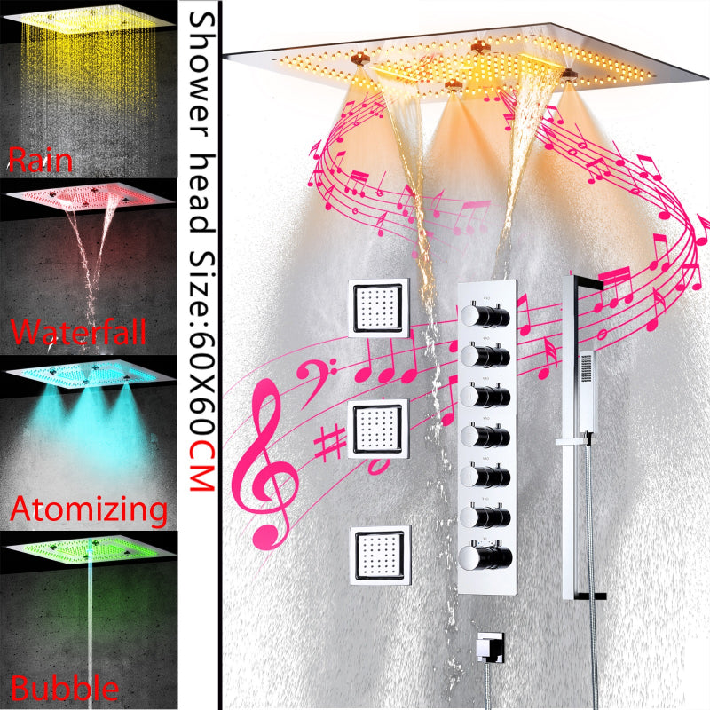 Juno Ceiling-Mounted Thermostatic Shower System with LED Music, 7 Handles