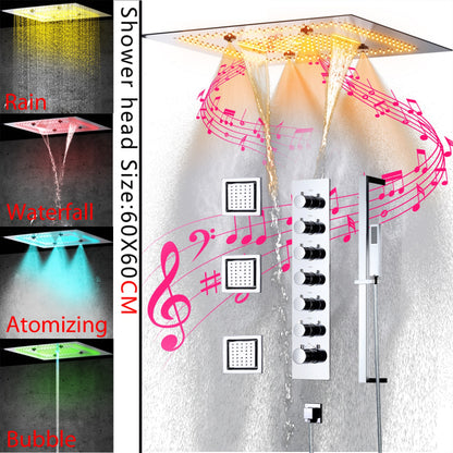Juno Ceiling-Mounted Thermostatic Shower System with LED Music, 7 Handles
