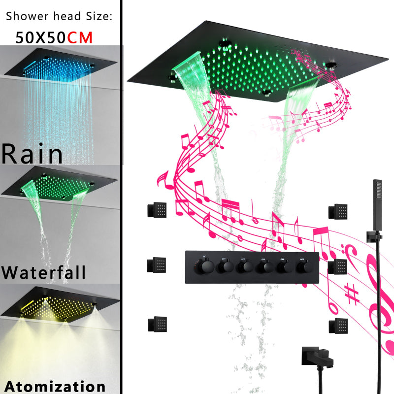 Juno Ceiling-Mounted Thermostatic Shower System with LED Music, 7 Handles