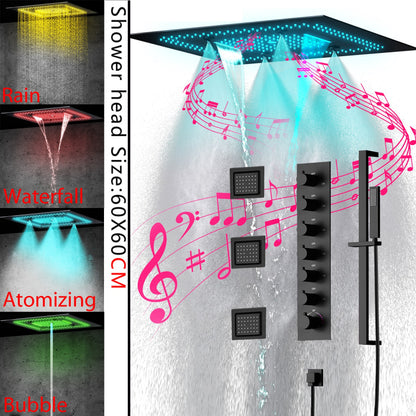 Juno Ceiling-Mounted Thermostatic Shower System with LED Music, 7 Handles