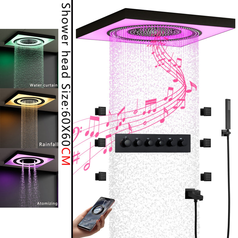 Juno Ceiling-Mounted Thermostatic Shower System with LED Music, 7 Handles