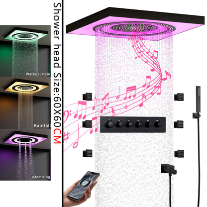 Juno Ceiling-Mounted Thermostatic Shower System with LED Music, 7 Handles