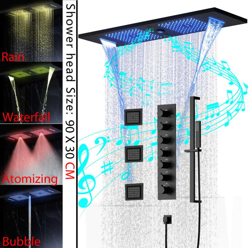 Juno Ceiling-Mounted Thermostatic Shower System with LED Music, 7 Handles