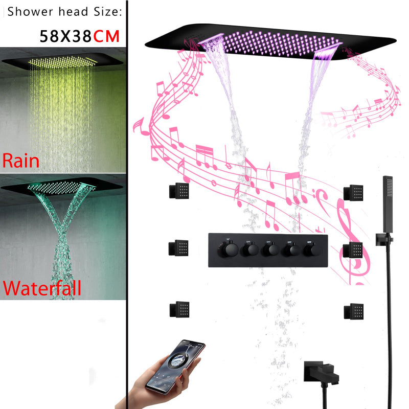 Juno Ceiling-Mounted Thermostatic Shower System with LED Music, 7 Handles