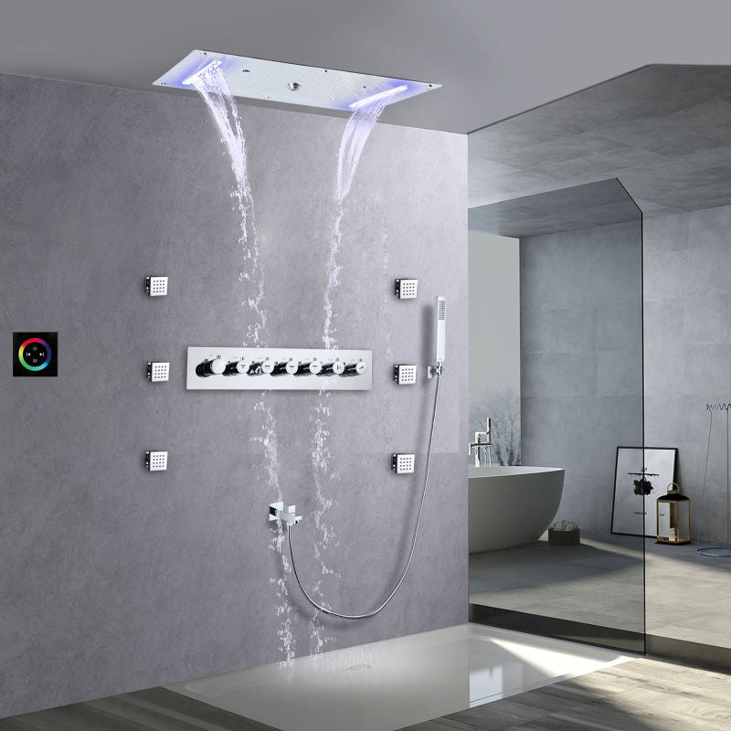 Juno Ceiling Recessed LED Thermostatic 7 Handles Shower Set with Waterfall Rain Function