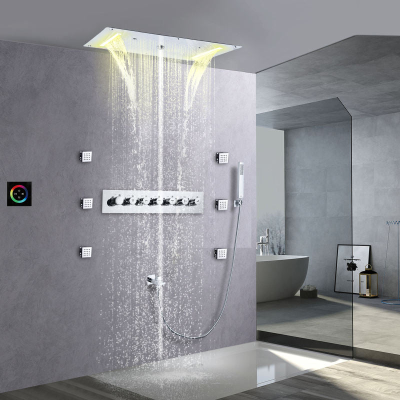 Juno Ceiling Recessed LED Thermostatic 7 Handles Shower Set with Waterfall Rain Function