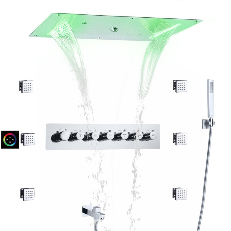 Juno Ceiling Recessed LED Thermostatic 7 Handles Shower Set with Waterfall Rain Function