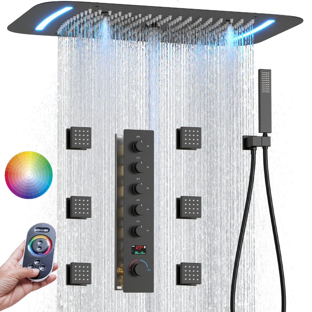 Juno Concealed Ceiling Mounted Shower Set Waterfall & Digital Thermostat, 6 Handles