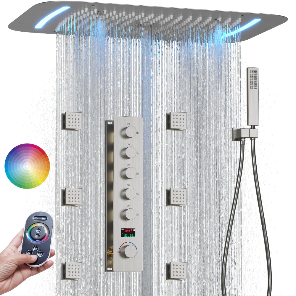 Juno Concealed Ceiling Mounted Shower Set Waterfall & Digital Thermostat, 6 Handles