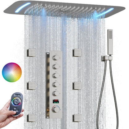 Juno Concealed Ceiling Mounted Shower Set Waterfall & Digital Thermostat, 6 Handles