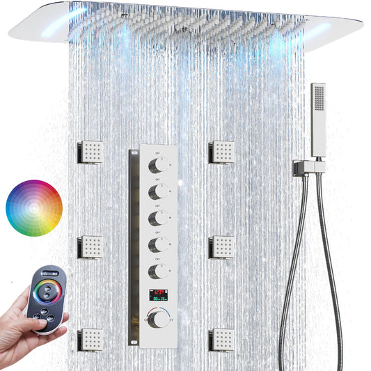 Juno Concealed Ceiling Mounted Shower Set Waterfall & Digital Thermostat, 6 Handles