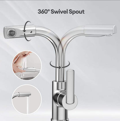 Juno Deck-Mounted Chrome Single-Handle Bathroom Basin Faucet Mixer with 360-Degree Rotation and Water-Saving Aerator