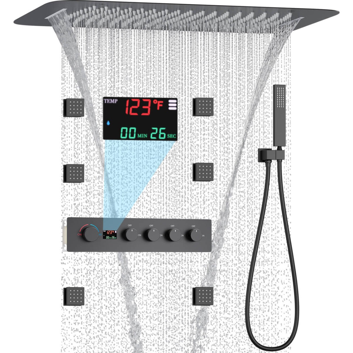 Juno Digital Display Ceiling Mount Shower System Rainfall Shower Faucet with Body Jets