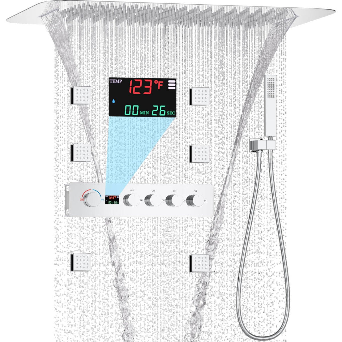 Juno Digital Display Ceiling Mount Shower System Rainfall Shower Faucet with Body Jets