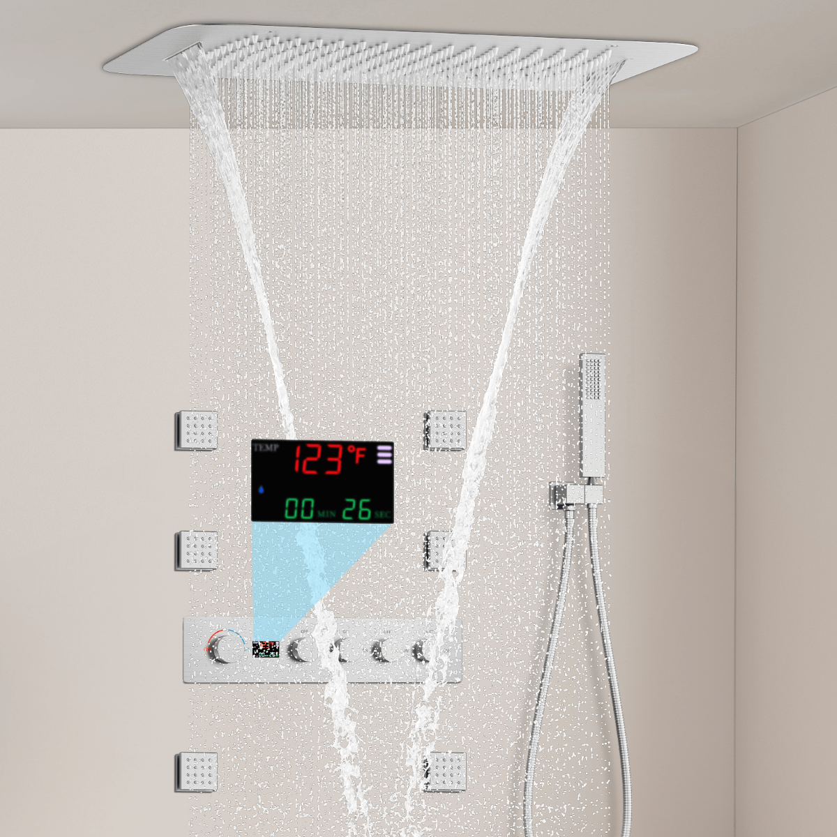 Juno Digital Display Ceiling Mount Shower System Rainfall Shower Faucet with Body Jets