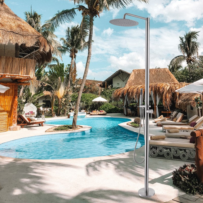 Juno Freestanding Outdoor Shower Column Set in Stainless Steel Finish Hot & Cold Mixer Rain Shower for Pool & Garden