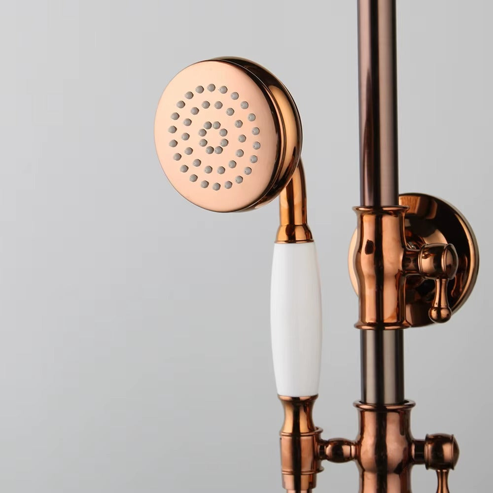 Juno New Luxury Rose Gold Rain Shower System with Swivel Bathtub Mixer Tap