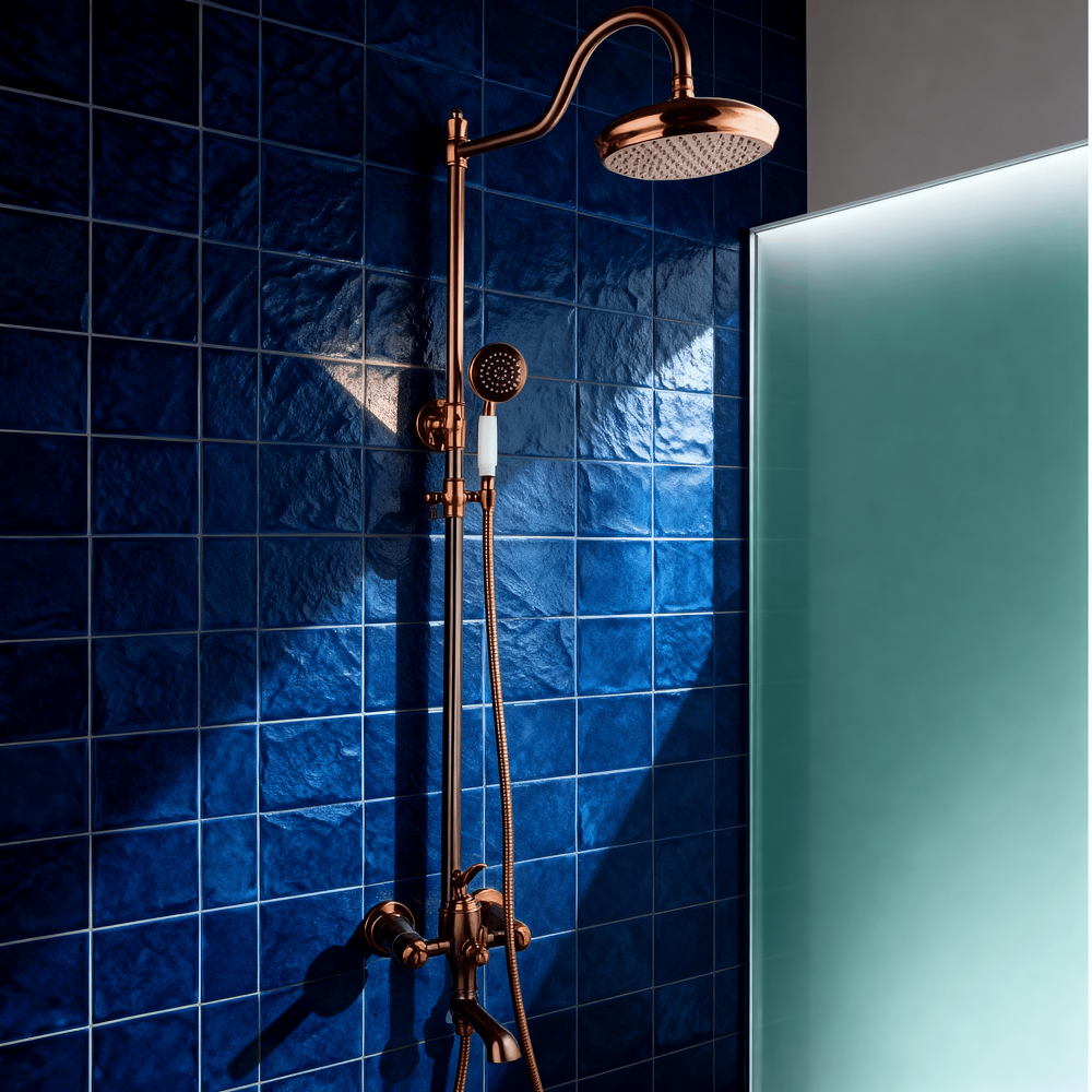 Juno New Luxury Rose Gold Rain Shower System with Swivel Bathtub Mixer Tap