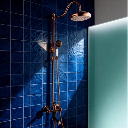 Juno New Luxury Rose Gold Rain Shower System with Swivel Bathtub Mixer Tap