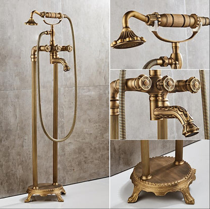 Juno Antique Brass Outdoor Floor Standing Faucet with Handheld Shower