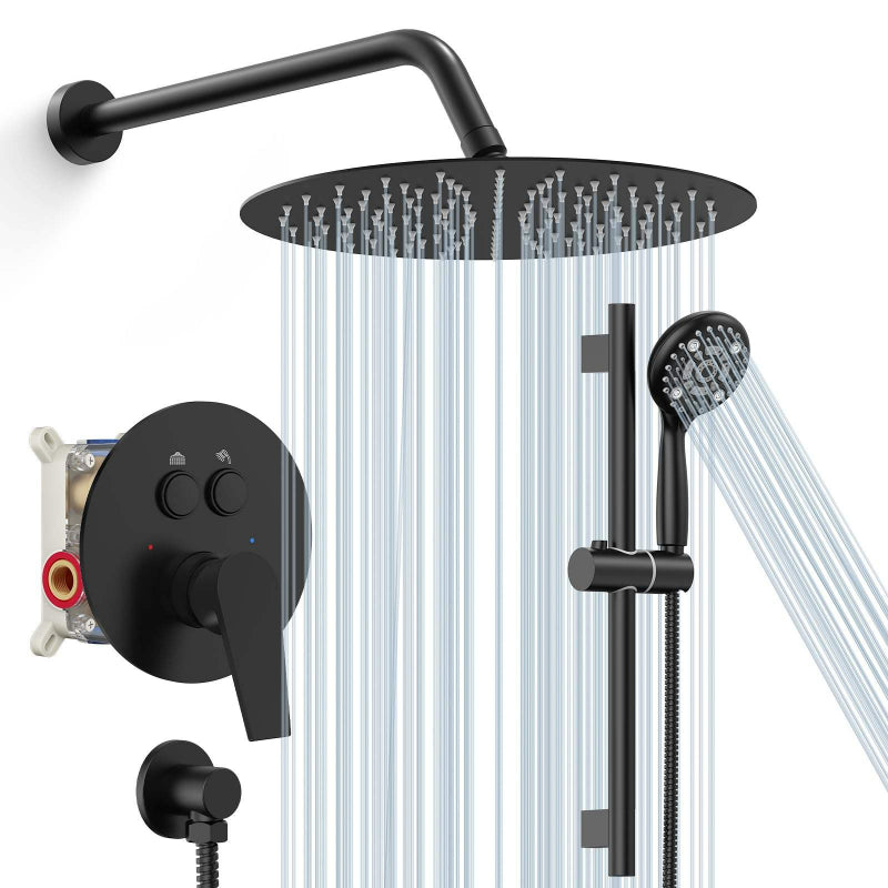 Juno Wall-Mounted Black 12-Inch Rainfall Single Handle Shower Head Bathroom Shower Faucet Set with Sliding Bar