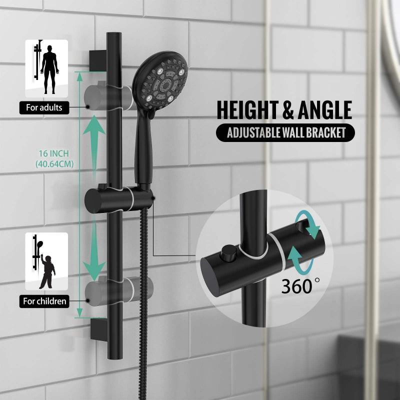 Juno Wall-Mounted Black 12-Inch Rainfall Single Handle Shower Head Bathroom Shower Faucet Set with Sliding Bar