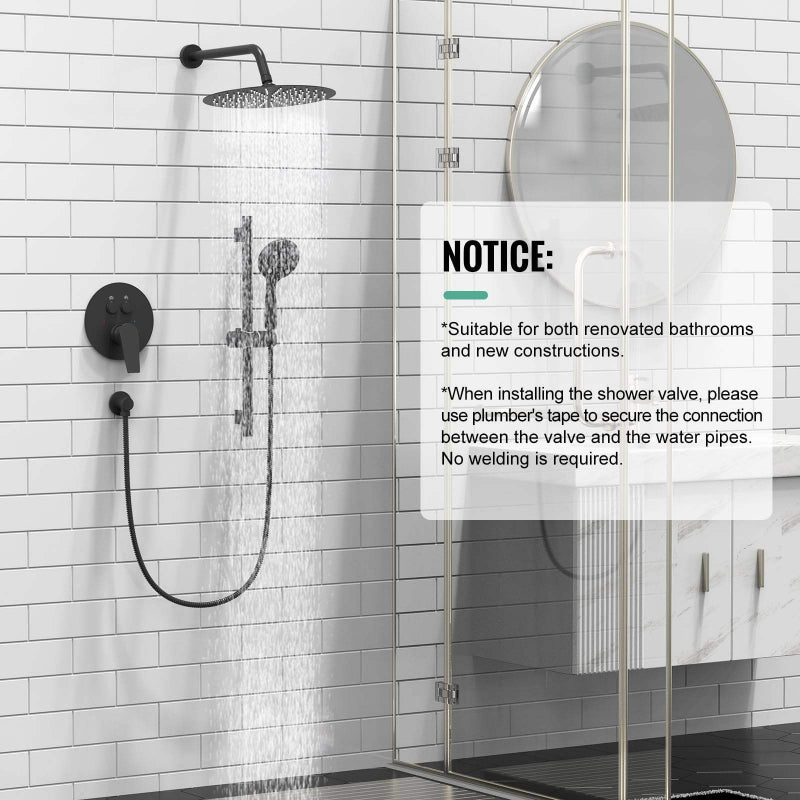 Juno Wall-Mounted Black 12-Inch Rainfall Single Handle Shower Head Bathroom Shower Faucet Set with Sliding Bar