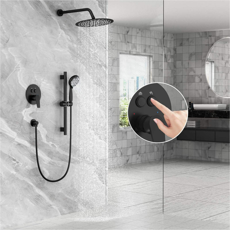 Juno Wall-Mounted Black 12-Inch Rainfall Single Handle Shower Head Bathroom Shower Faucet Set with Sliding Bar