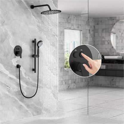 Juno Wall-Mounted Black 12-Inch Rainfall Single Handle Shower Head Bathroom Shower Faucet Set with Sliding Bar