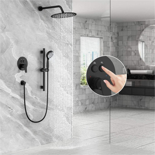 Juno Wall-Mounted Black 12-Inch Rainfall Single Handle Shower Head Bathroom Shower Faucet Set with Sliding Bar