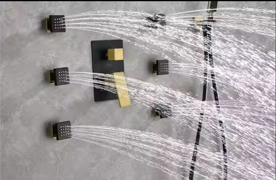 Juno Wall-Mounted Brass Shower System with Full Body Jets and Single Handle