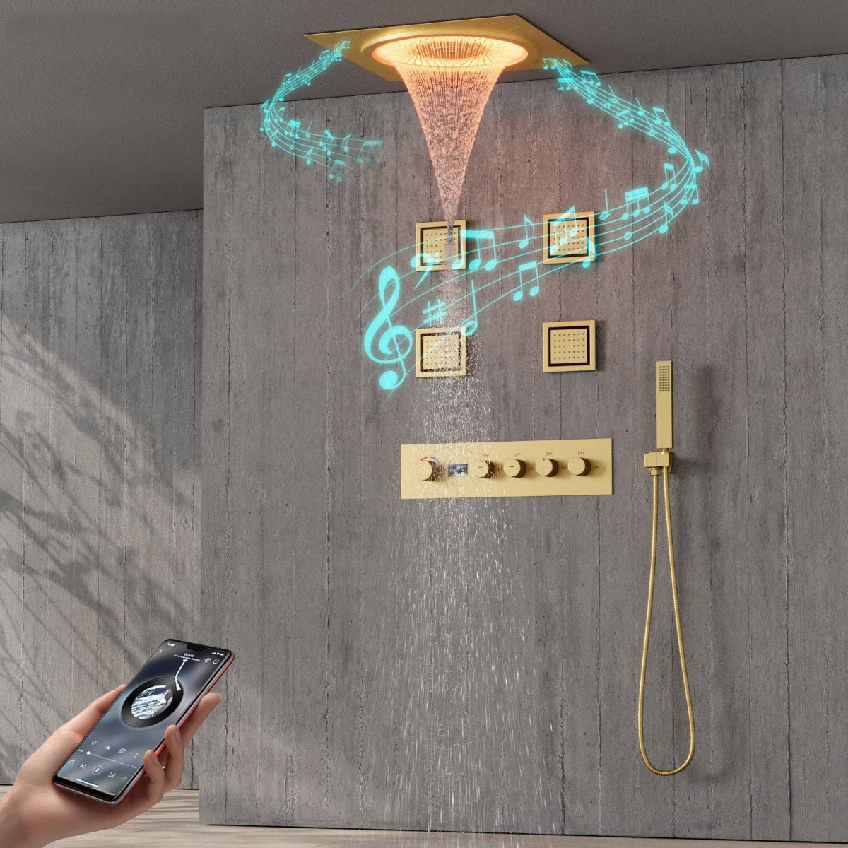 Juno Wall-Mounted Luxury LED Smart Shower Set with Remote Control and Multi-Function Rain Waterfall Shower Head System