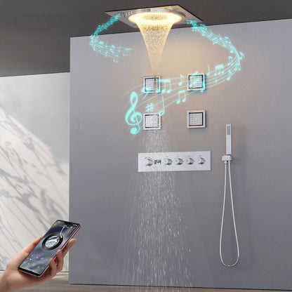 Juno Wall-Mounted Luxury LED Smart Shower Set with Remote Control and Multi-Function Rain Waterfall Shower Head System
