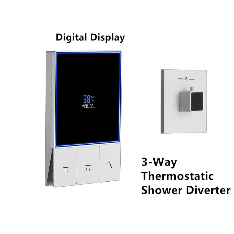 Juno Wall-Mounted White Thermostatic Shower System with Smart Temperature Display and Single Handle