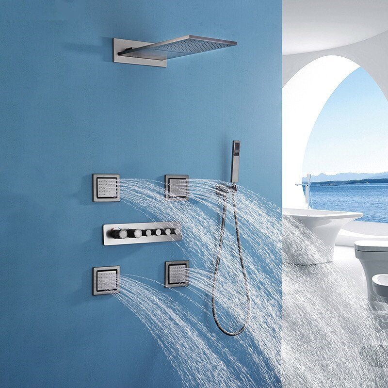 Juno 22 Inch GunMetal Wall Mount Rain Shower Head with 6 Knobs Mixer