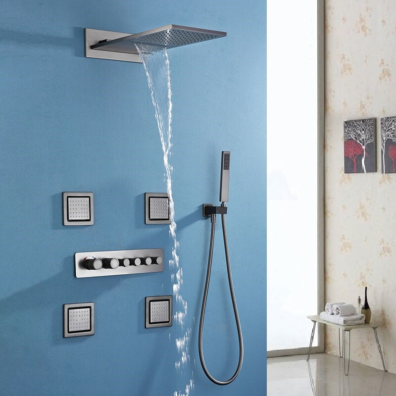 Juno 22 Inch GunMetal Wall Mount Rain Shower Head with 6 Knobs Mixer