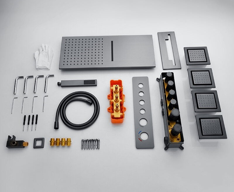 Juno 22 Inch GunMetal Wall Mount Rain Shower Head with 6 Knobs Mixer