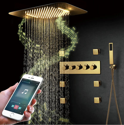 Juno Super Luxury 5 Function Gold Shower System 5 & 3 Knobs With 6 Body Massage Shower Jets Handheld Shower